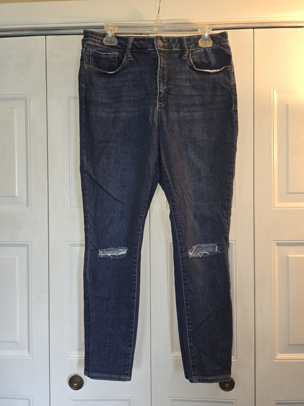 New York & Company Dark Indigo Ripped Skinny Jeans